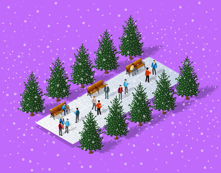Christmas city isometric urban winter quarter in the snow and in snowflakes, snowstorms and the festive landscape of the New Year holidaysのイラスト素材
