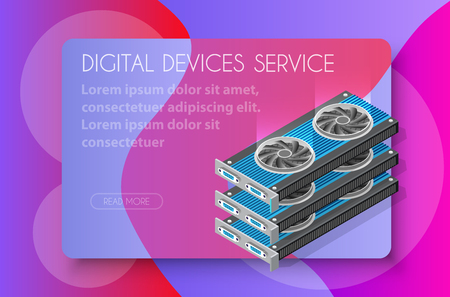 Video card set of mining bitcoin on digital technology video cryptocurrency blockchain business. The component of electronic equipment high-tech industry isometric graphics component.のイラスト素材