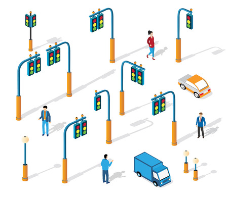 Set of city isometric traffic lights of signal street lights and urban lighting chandeliersのイラスト素材