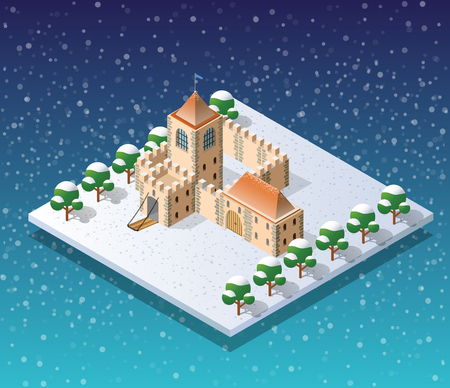 Winter Christmass city isometric with buildings, houses, roads, and cars for a festive background of urban conceptual projectsのイラスト素材