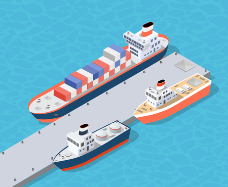 Isometric City industrial dock port with container cargo industry freight and transport boat naval ships nautical on the sea for terminal distribution shipment illustration. Set of ship transportation