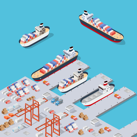 Isometric City industrial dock port with container cargo industry freight and transport boat naval ships nautical on the sea for terminal distribution shipment illustration. Set of ship transportationのイラスト素材