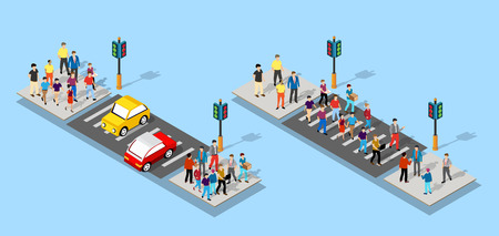Isometric people walking on the street cross the road at a pedestrian crossing.