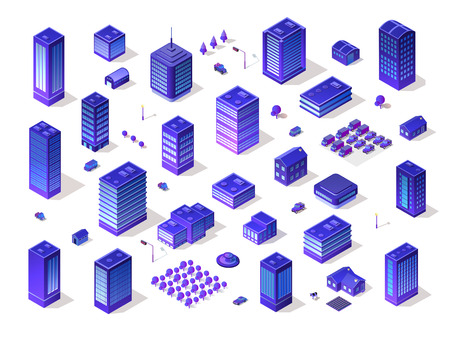 Set 3d ultraviolet architecture city from isometric urban building street skyscraper. Vector concept business violet modern digital illustration for background design.のイラスト素材