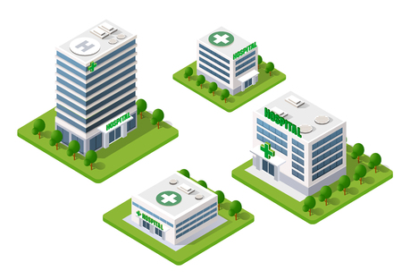 Hospital Isometric 3d Building Health Urban of architecture Infrastructure ambulance and modern house concept iconのイラスト素材