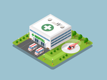 Hospital Isometric 3d Building Health Urban of architecture Infrastructure ambulance and modern house concept iconのイラスト素材
