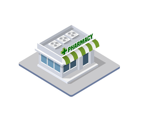 Hospital pharmacy Isometric 3d Building Health Urban of architecture Infrastructure ambulance and modern house concept iconのイラスト素材