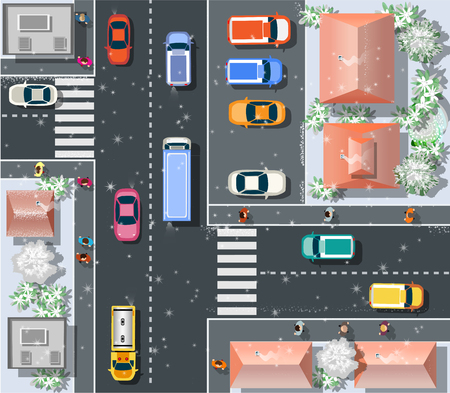 Top view Christmas New Year snow winter holiday from above on a city street speed highway with cars and buses, trees and trucksのイラスト素材