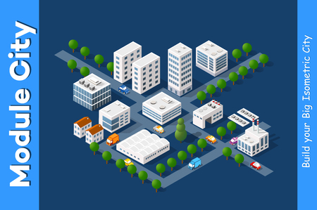 Set of town district of the city in isometric landscape urban infrastructure of houses, streets and buildingsのイラスト素材
