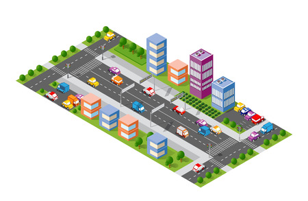 City boulevard isometric avenue. Transport car, urban and asphalt, traffic. Crossing roads flat 3d dimensional illustration of public townのイラスト素材