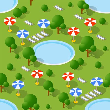 Seamless pattern isometric pool and umbrellas of urban infrastructure vector architectureのイラスト素材
