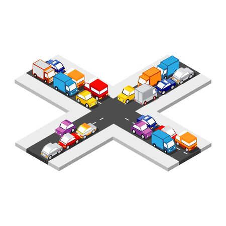 Isometric Crossroads intersection of streets of highways with traffic cars standing in jam. Conceptual Vector City Illustrationのイラスト素材
