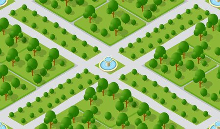 Seamless urban plan pattern card with fountain. Isometric structure of landscape trees park lawn grass and streetsのイラスト素材