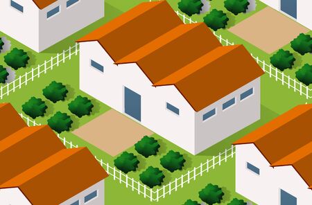 Isometrics village seamless pattern. Suburban structure landscape from ranch villa cottage with trees park lawn grass and streetsのイラスト素材