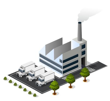 Isometric 3D city urban factory icon building, power plant, van trailer, warehouseのイラスト素材
