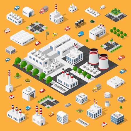 Set of the landscape of industrial objects plant, factories, parking lots and warehouses. Isometric top view the city with streets, buildings and trees. Town construction industryのイラスト素材