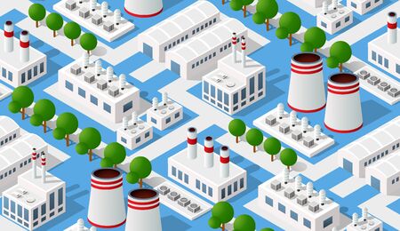 Seamless industrial pattern of the landscape of industrial objects plant, factories, parking lots and warehouses. Isometric top view the city with streets, buildings and trees.のイラスト素材
