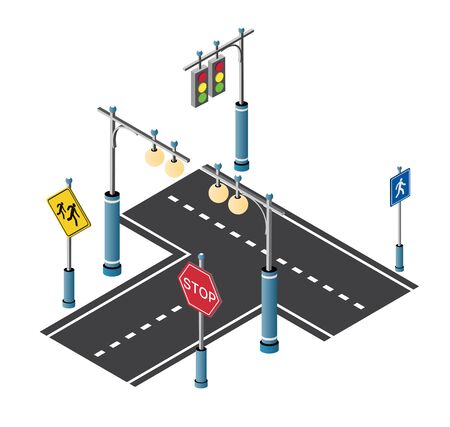 City driveway street with road signs and street lamps. Isometric cityscape vector modern urban backgroundのイラスト素材