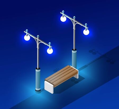Isometric night light lighting ultra city concept landscape city with bench and lanternsのイラスト素材