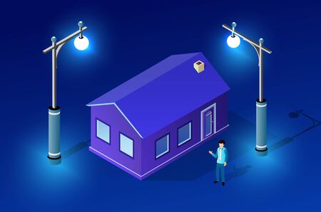 Night ultraviolet architecture city from isometric urban building street. Vector concept business violet modern digital illustration for background design.のイラスト素材