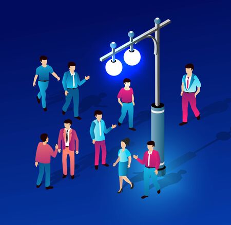Ultraviolet neon street lamp Isometric people walking men in the street go on the road light illuminated bright urban infrastructureのイラスト素材