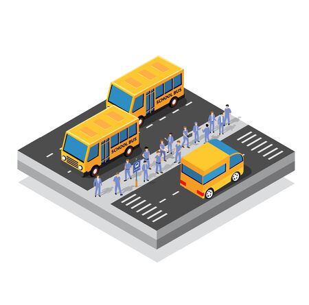School bus on the street parking lot for schoolchildren and students. Vector illustration of study education.のイラスト素材