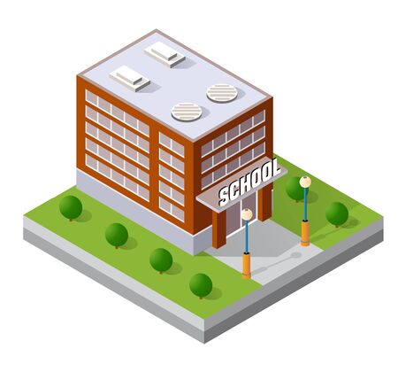 School isometric building study education urban infrastructure for conceptual design vector illustration with houses and streets.のイラスト素材