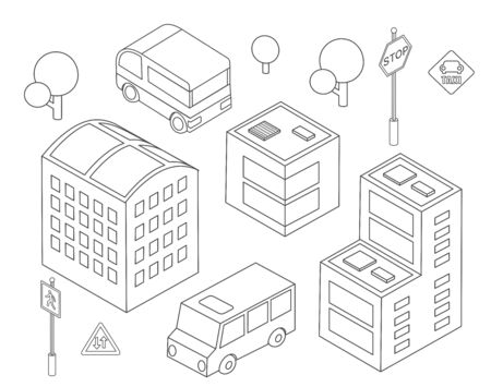 Isometric set bus urban infrastructure cars and buses transport houses and buildings sketch black and whiteのイラスト素材