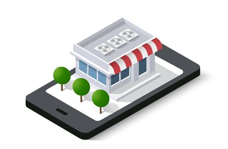Shop online of isometric city mobile phoneのイラスト素材