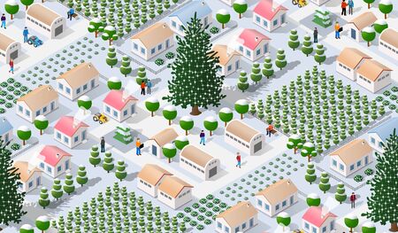 Winter Christmas tree seamless background, New Year is an isometric city with streets, roads, and transportのイラスト素材
