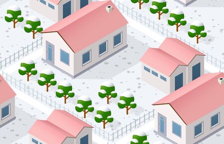 Winter Christmas tree seamless background, New Year is an isometric city with streets, roads, and transportのイラスト素材