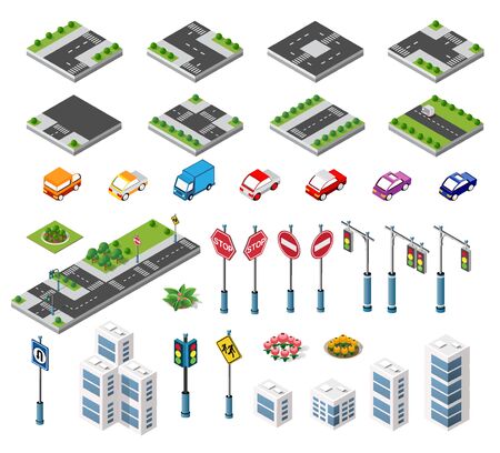 Isometric set building houses icons of blocks module of areas of the city construction, and designing of the perspective urban of design of the architecture environmentのイラスト素材
