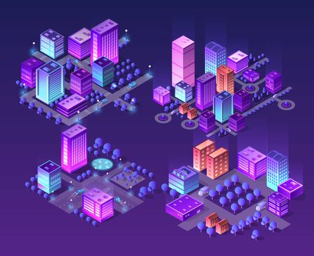 Isometric neon city set of violet colors 3d building modern town street, urban road architecture. Ultraviolet illustration map of isometry for the business design concept.のイラスト素材