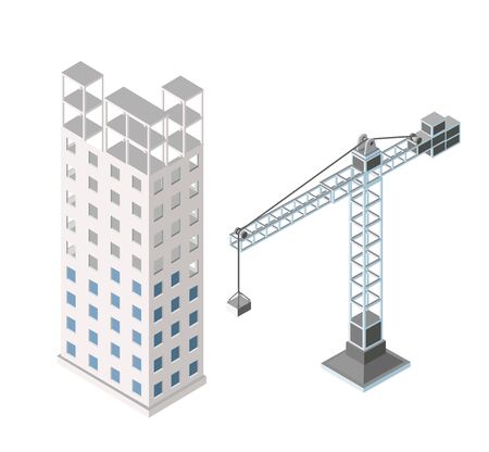 Urban industrial isometric 3d architectural flat plan. Three-dimensional crane drawings and construction plans. Skyscraper building structure mapのイラスト素材