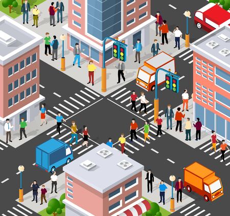 Isometric people walking on the street cross the road at a pedestrian crossing.のイラスト素材