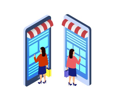 Online internet shopping purchases web shop store app phone service business conceptual design. Stock 3d isometric illustration.のイラスト素材