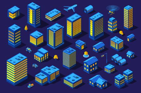 The night smart design kit city 3D future neon ultraviolet set of urban infrastructure isometric buildings. Conceptual residential town illustration of vector design graphics.のイラスト素材