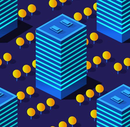 Isometric forest nature trees landscape purple seamless repeating pattern ultra landscape of violet neon style, an ultraviolet 3d modern design. Vector illustration of modern business background.のイラスト素材