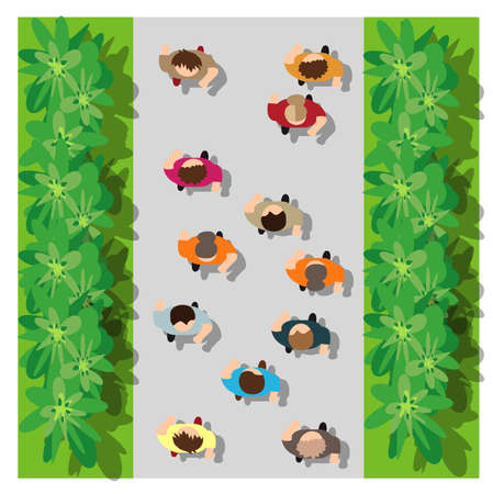 The top view from above is a map of the city with town infrastructure, people, roads, trees, parks, and gardens. The design of the object is a vector illustration for games, apps, and scenery.のイラスト素材