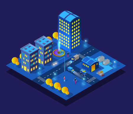 Smart city night neon ultraviolet set of isometric buildings houses with streets and transport....