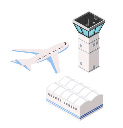 Airport runway control tower of transportation flights in the fieldのイラスト素材