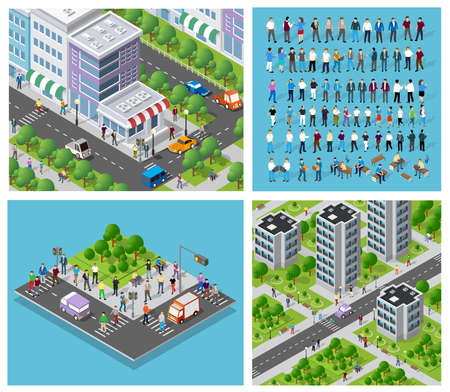 Isometric set of 3D city three-dimensional summer city quarterのイラスト素材