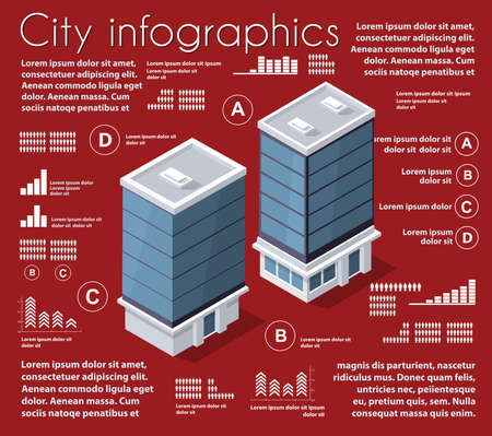 Isometric city map industry infographic set, architecture, graphic design elements. Urban information concept template with statistical icons, charts, diagramsのイラスト素材