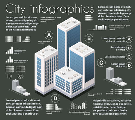 Isometric city map industry infographic set, architecture, graphic design elements. Urban information concept template with statistical icons, charts, diagramsのイラスト素材