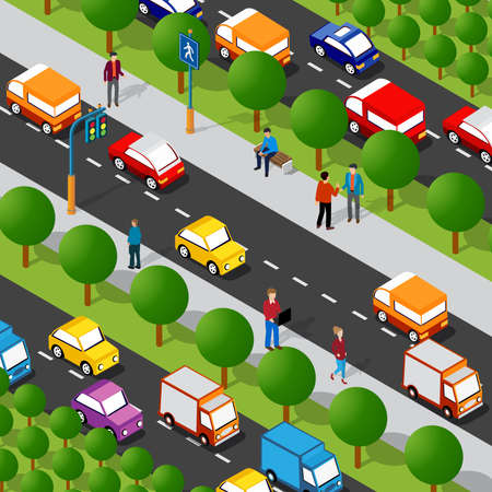 Isometric highway avenue street 3D illustration of the city quarter with people, cars. Stock illustration for the design and gaming industry.のイラスト素材