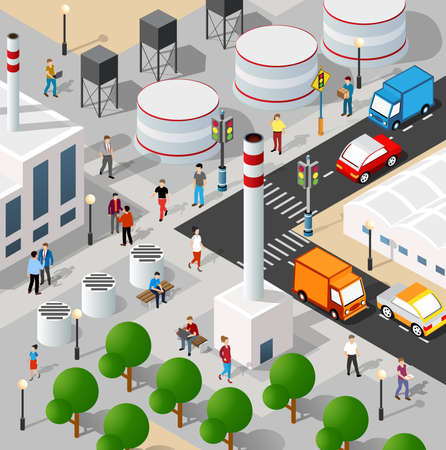 Isometric 3D illustration of the Industrial district city quarter with houses, streets, people. Stock illustration for the design and gaming industry.のイラスト素材