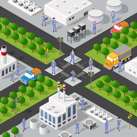Isometric 3D illustration of the Industrial district city quarter with houses, streets, people. Stock illustration for the design and gaming industry.のイラスト素材