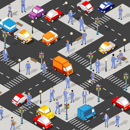 Isometric Street crossroads 3D illustration of the city quarter with streets, people, cars. Stock illustration for the design and gaming industry.のイラスト素材