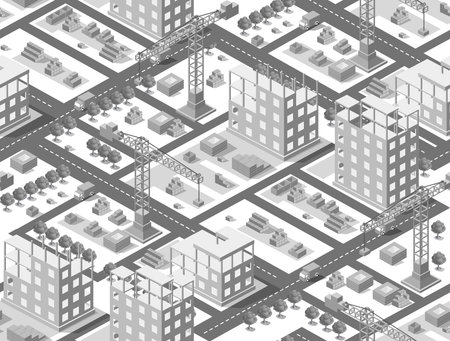 Seamless urban plan illustration of isometric construction building with industrial cranes and trucks and housesのイラスト素材