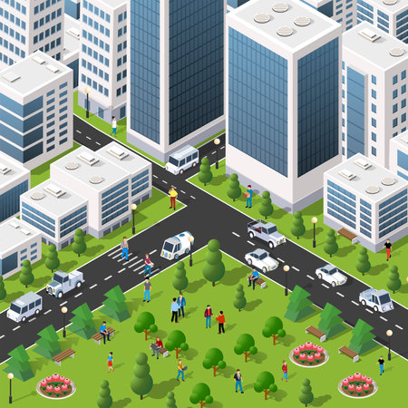 Isometric 3D illustration of the city quarter with houses, streets, people, cars. Stock illustration for the design and gaming industry.のイラスト素材
